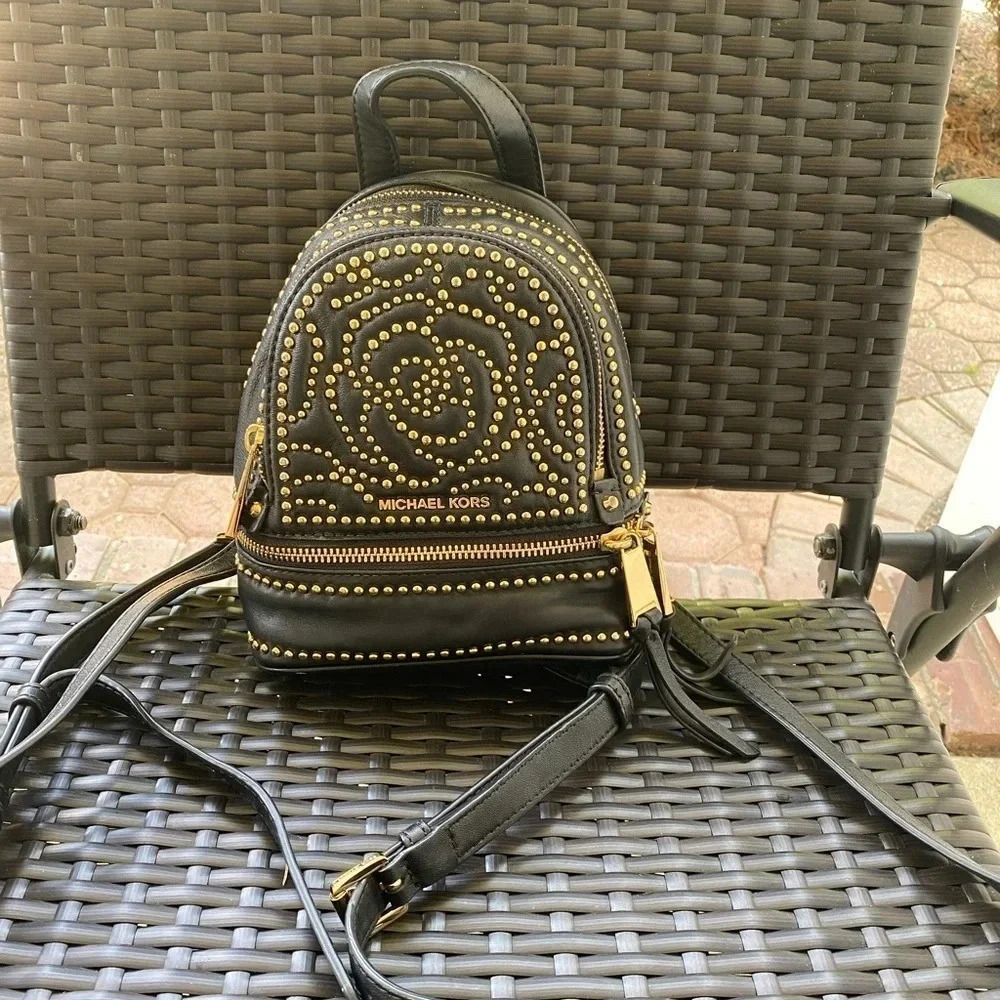 Rhea Medium Rose Studded Leather Backpack - Picture 4 of 11